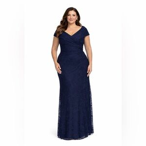 LA FEMME Navy Blue Off Shoulder Ruched Lace Trumpet Gown Wedding Guest Dress 16